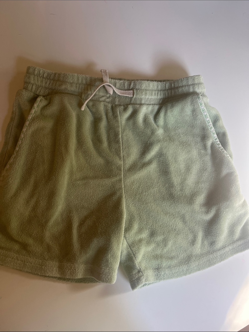 Terry Drawstring Kids Shorts in Sage Green from minnow size 9/10y